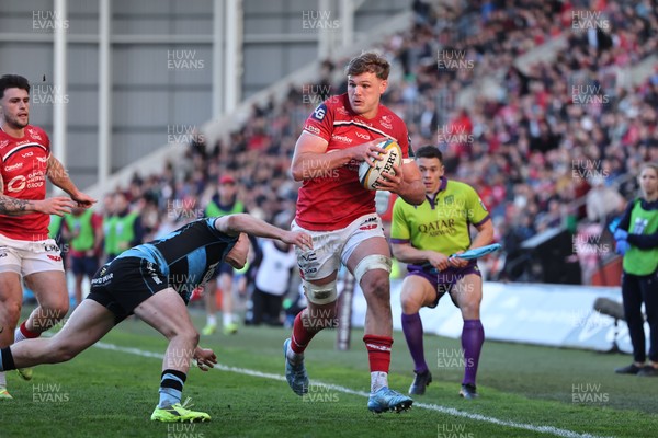 180426 - Scarlets v Cardiff Rugby - United Rugby Championship - Taine Plumtree of Scarlets races toward the Cardiff line