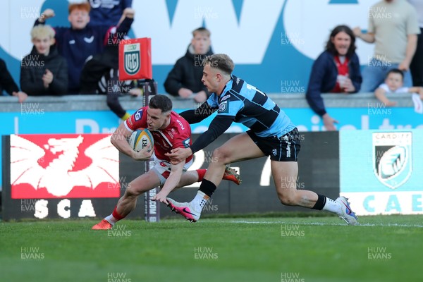 180426 - Scarlets v Cardiff Rugby - United Rugby Championship - Dane Blacker of Scarlets scores a try
