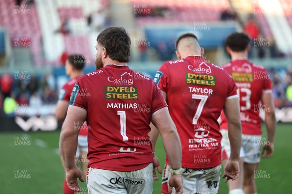 180426 - Scarlets v Cardiff Rugby - United Rugby Championship - Kemsley Mathias, Jarrod Taylor and Eddie James of Scarlets leave the field dejected 