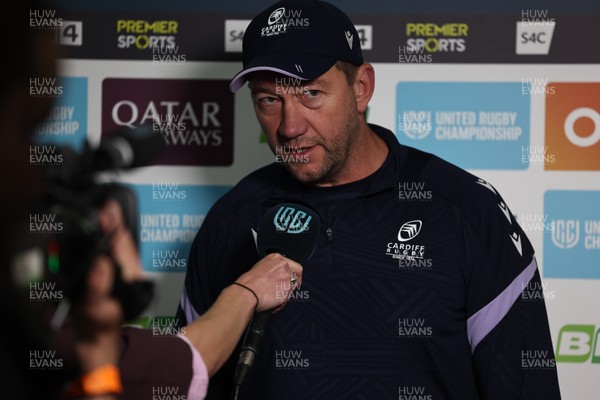 180426 - Scarlets v Cardiff Rugby - United Rugby Championship - Corniel van Zyl Cardiff Rugby Head Coach talks to press before the game