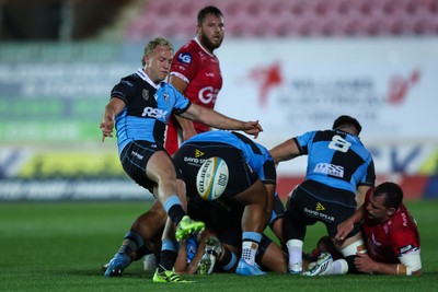 260926 - Scarlets v Cardiff Rugby - United Rugby Championship - Johan Mulder of Cardiff kicks the ball