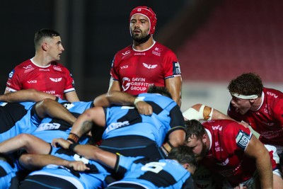 260926 - Scarlets v Cardiff Rugby - United Rugby Championship - Josh Macleod of Scarlets prepares to pack down in a scrum