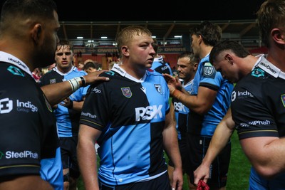260926 - Scarlets v Cardiff Rugby - United Rugby Championship - Rhys Barratt of Cardiff at the end of the match