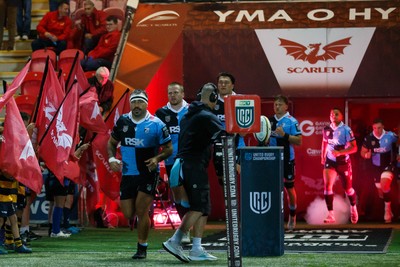260926 - Scarlets v Cardiff Rugby - United Rugby Championship - Liam Belcher of Cardiff leads his team out onto the pitch