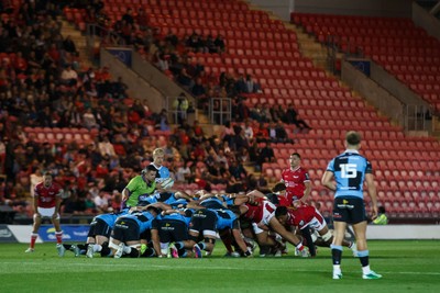 260926 - Scarlets v Cardiff Rugby - United Rugby Championship - Johan Mulder of Cardiff prepares to put the ball into scrum