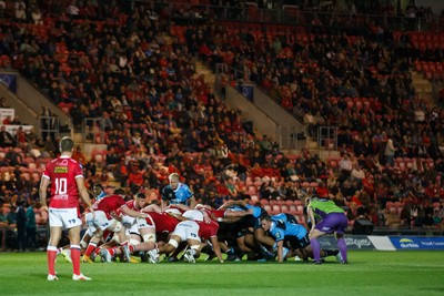 260926 - Scarlets v Cardiff Rugby - United Rugby Championship - Dane Blacker of Scarlets prepares to put the ball into scrum