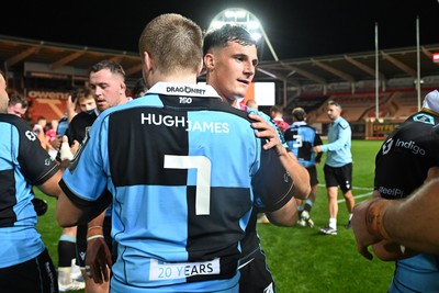 260926 - Scarlets v Cardiff Rugby - United Rugby Championship - Ellis Bevan of Cardiff Rugby and Dan Thomas of Cardiff Rugby at full time