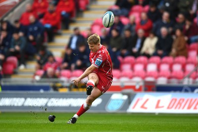 250323 - Scarlets v Sharks - United Rugby Championship - Sam Costelow of Scarlets kicks at goal