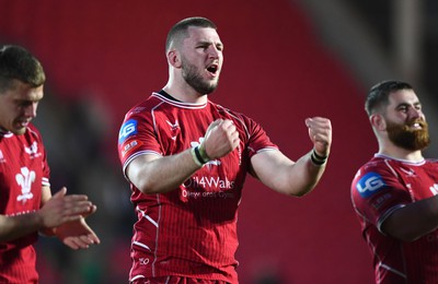 250323 - Scarlets v Sharks - United Rugby Championship - Morgan Jones of Scarlets celebrates win