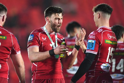 250323 - Scarlets v Sharks - United Rugby Championship - Johnny Williams of Scarlets celebrates win