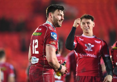 250323 - Scarlets v Sharks - United Rugby Championship - Johnny Williams of Scarlets celebrates win