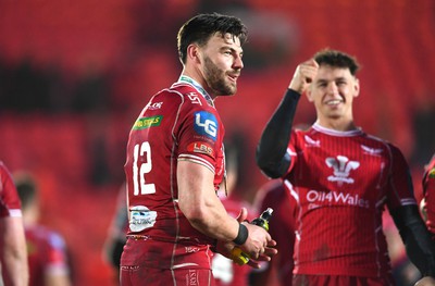 250323 - Scarlets v Sharks - United Rugby Championship - Johnny Williams of Scarlets celebrates win