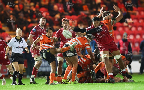 130123 - Scarlets v Toyota Cheetahs, ECPR Challenge Cup - Sam Lousi of Scarlets charges down a kick by Rewan Kruger of Cheetahs