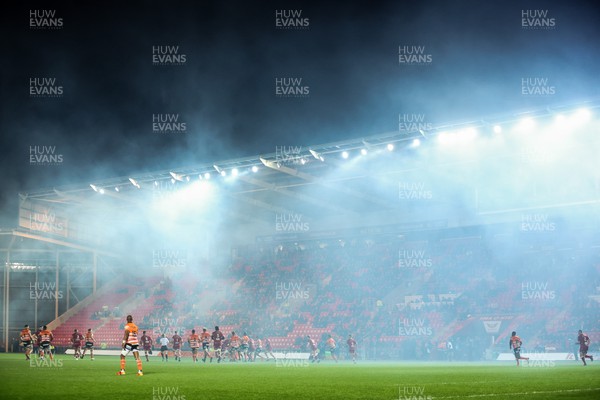 130123 - Scarlets v Toyota Cheetahs, ECPR Challenge Cup - Smoke from the pre match pyrotechnics provides an atmospheric start to the match