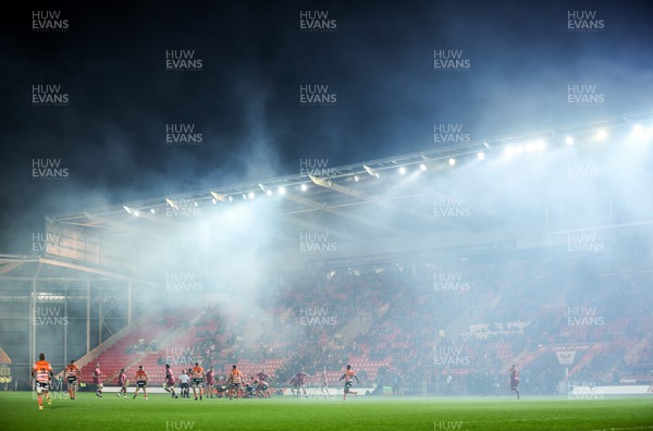 130123 - Scarlets v Toyota Cheetahs, ECPR Challenge Cup - Smoke from the pre match pyrotechnics provides an atmospheric start to the match