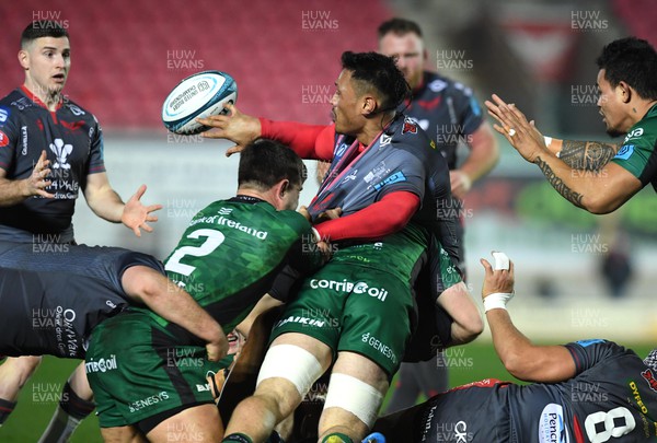 190222 - Scarlets v Connacht - United Rugby Championship - Sam Lousi of Scarlets gets the ball away