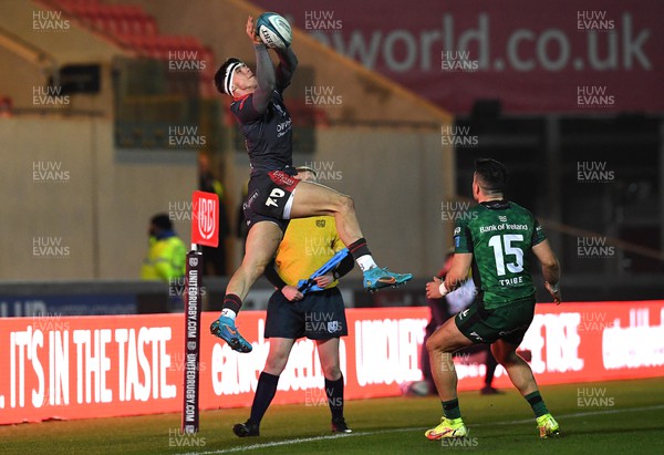 190222 - Scarlets v Connacht - United Rugby Championship - Tom Rogers of Scarlets goes up for high ball