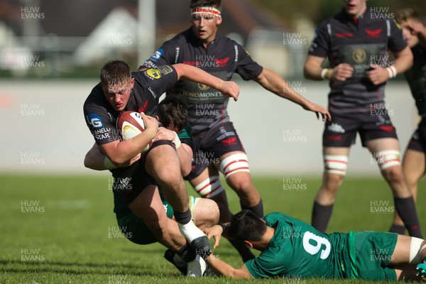 290918 - Scarlets A v Connacht Eagles, Celtic Cup, Carmarthen - Dafydd Hughes of Scarlets is tackled as he charges towards the line