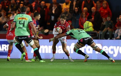 101025 - Scarlets v DHL Stormers - United Rugby Championship - Ellis Mee of Scarlets is tackled by Ben-Jason Dixon of Stormers 