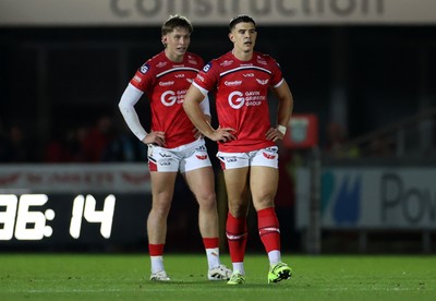 101025 - Scarlets v DHL Stormers - United Rugby Championship - Ellis Mee and Joe Hawkins of Scarlets 