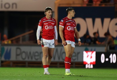 101025 - Scarlets v DHL Stormers - United Rugby Championship - Ellis Mee and Joe Hawkins of Scarlets 