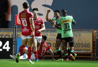 101025 - Scarlets v DHL Stormers - United Rugby Championship - Sacha Feinberg-Mngomezulu of Stormers celebrates scoring a try