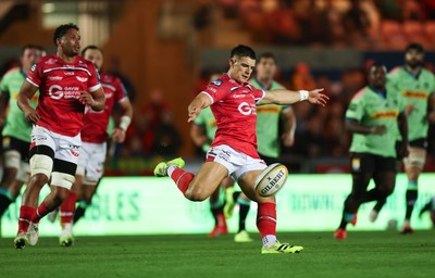 101025 - Scarlets v DHL Stormers, United Rugby Championship - Joe Hawkins of Scarlets kicks clear