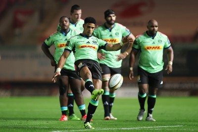 101025 - Scarlets v DHL Stormers, United Rugby Championship - Sacha Feinberg-Mngomezulu of Stormers kicks for touch