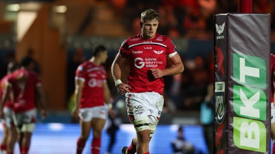 101025 - Scarlets v DHL Stormers, United Rugby Championship -Taine Plumtree of Scarlets leaves the pitch after being shown a yellow card
