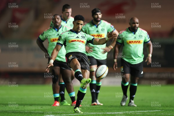 101025 - Scarlets v DHL Stormers, United Rugby Championship - Sacha Feinberg-Mngomezulu of Stormers kicks for touch