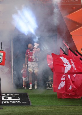 160526 - Scarlets v Dragons RFC, United Rugby Championship - Josh Macleod of Scarlets walked out with his family on his 150th cap
