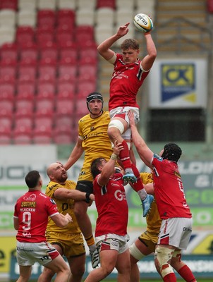 160526 - Scarlets v Dragons RFC, United Rugby Championship - Taine Plumtree of Scarlets wins line out