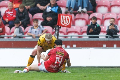 160526 - Scarlets v Dragons RFC - United Rugby Championship - Aaron Wainwright of Dragons scores a try