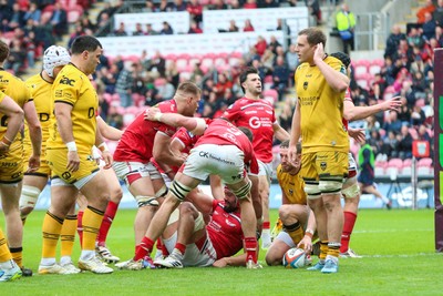 160526 - Scarlets v Dragons RFC - United Rugby Championship - Josh Macleod of Scarlets is congratulated by teammates after scoring a try