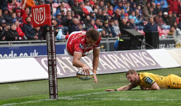 160526 - Scarlets v Dragons RFC, United Rugby Championship - Taine Plumtree of Scarlets dives in to score the opening try