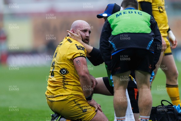 160526 - Scarlets v Dragons RFC - United Rugby Championship - Dillon Lewis of Dragons receives medical attention after getting injured