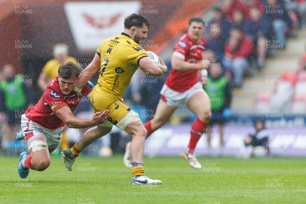 160526 - Scarlets v Dragons RFC - United Rugby Championship - Thomas Young of Dragons on the attack is tackled by Taine Plumtree of Scarlets