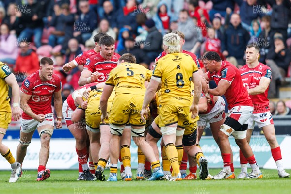 160526 - Scarlets v Dragons RFC - United Rugby Championship - Jarrod Taylor and Max Douglas of Scarlets celebrate as Referee Ben Whitehouse awards a penalty to Scarlets