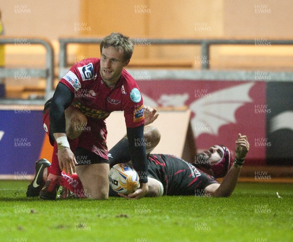 010313 - Scarlets v Edinburgh - RaboDirect PRO12 -Andy Fenby of Scarlets smiles after scoring 