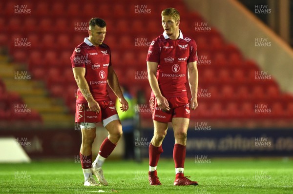 060419 - Scarlets v Edinburgh - Guinness PRO14 - Gareth Davies and Johnny McNicholl of Scarlets at the end of the game