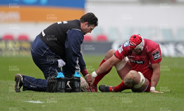 280315 - Scarlets v Edinburgh - Guinness PRO12 - George Earle of Scarlets is looked at by medics