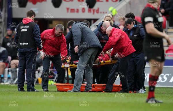 280315 - Scarlets v Edinburgh - Guinness PRO12 - Michael Tagicakibau of Scarlets is taken off injured