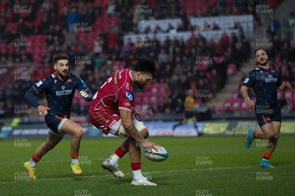 180223 - Scarlets v Edinburgh Rugby - United Rugby Championship - Vaea Fifita of Scarlets scores a try