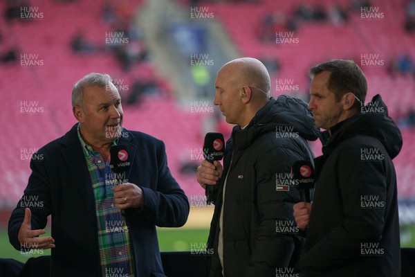180223 - Scarlets v Edinburgh Rugby - United Rugby Championship - Wayne Pivac working for Viaplay as a pundit talks to Tom Shanklin and Chris Paterson