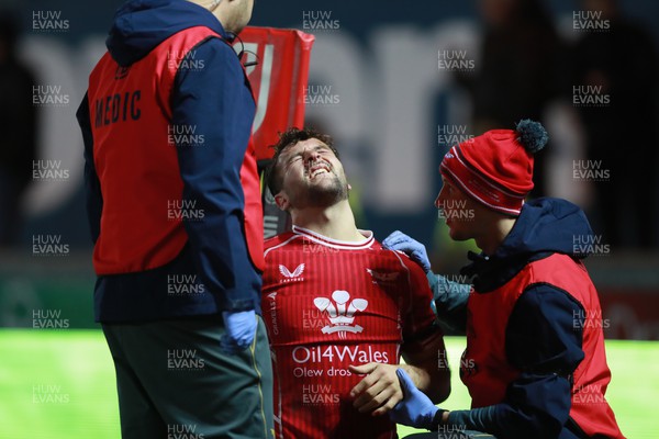 180223 - Scarlets v Edinburgh Rugby - Ryan Conbeer of Scarlets receives treatment for injury after scoring a try