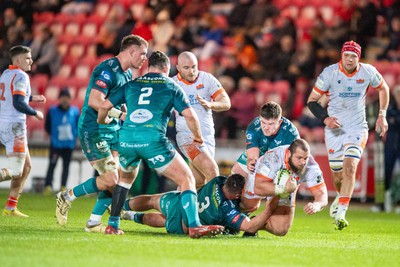 190124 - Scarlets v Edinburgh Rugby - EPCR Challenge Cup - Pierre Schoeman of Edinburgh is tackled by Harri O’Connor of Scarlets