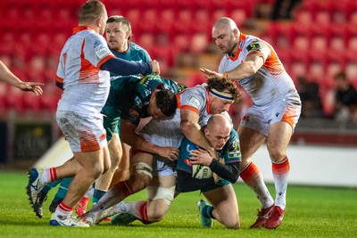 190124 - Scarlets v Edinburgh Rugby - EPCR Challenge Cup - Ioan Nicholas of Scarlets is tackled by Hamish Watson of Edinburgh 