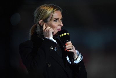 011021 - Scarlets v Emirates Lions - United Rugby Championship - BBC Wales Scrum V presenter Gabby Logan