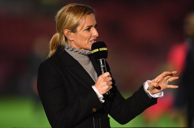 011021 - Scarlets v Emirates Lions - United Rugby Championship - BBC Wales Scrum V presenter Gabby Logan