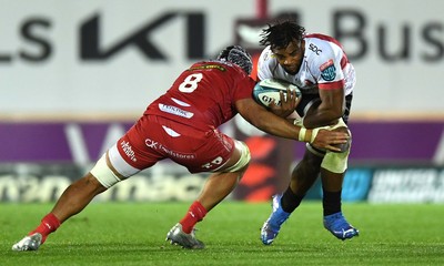 011021 - Scarlets v Emirates Lions - United Rugby Championship - Vincent Tshituka of Lions is tackled by Jac Price of Scarlets